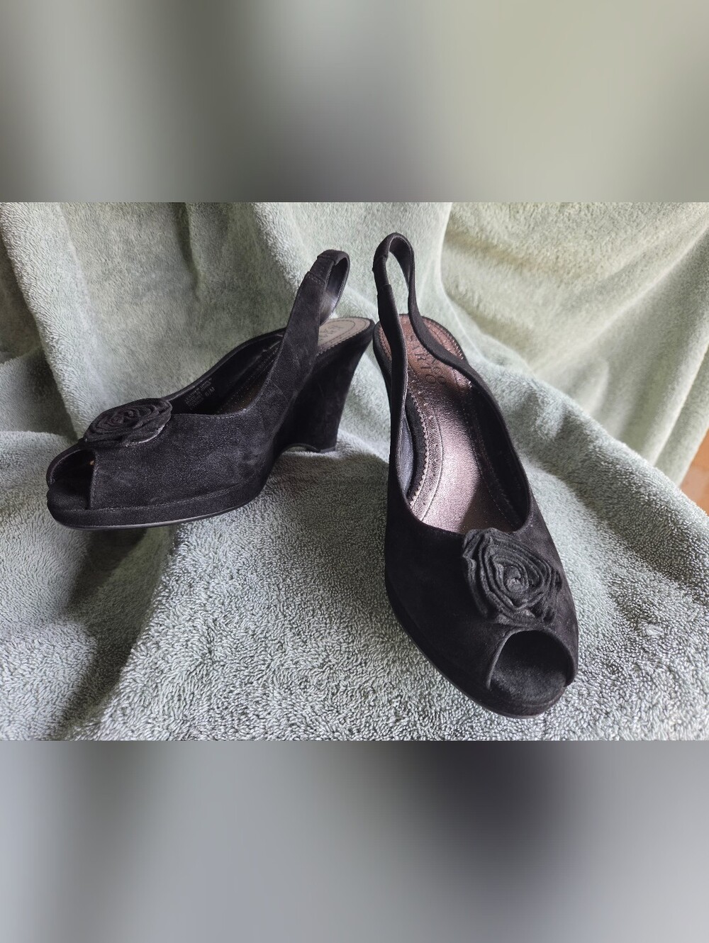 Black Suede Slingback Peep-Toe Wedge Heels 100% Leather